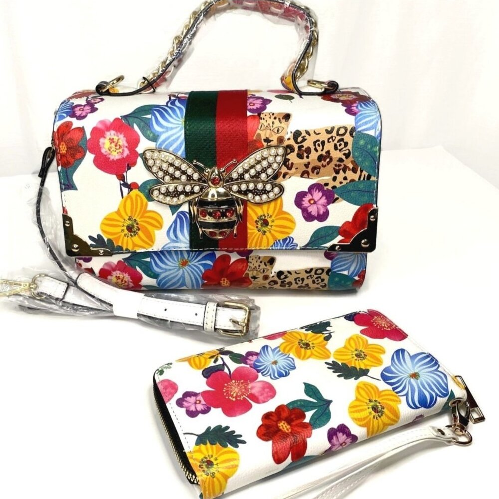 Whimsical Y2K Floral Bee Satchel & Wallet Set Honeybee Garden Aesthetic